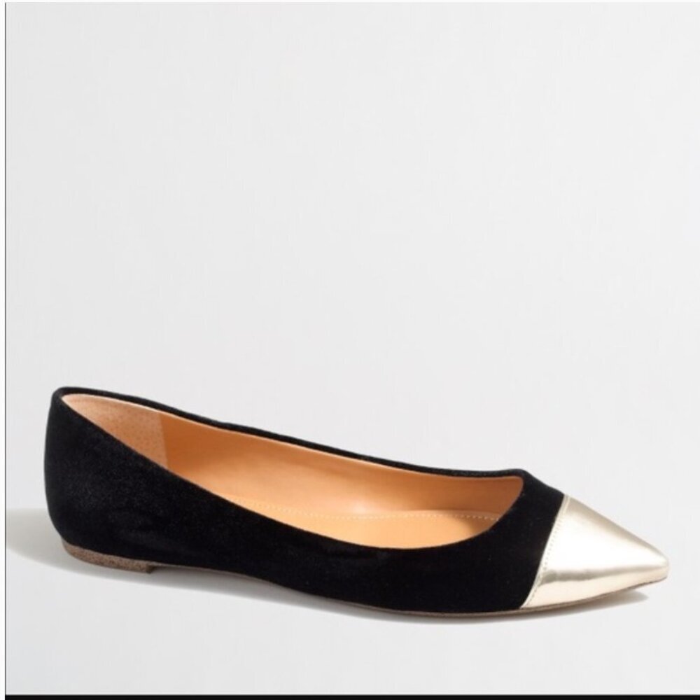 J. Crew Amelia Flats Black Velvet with Gold Metallic Cap Women's 8.5 Slip On